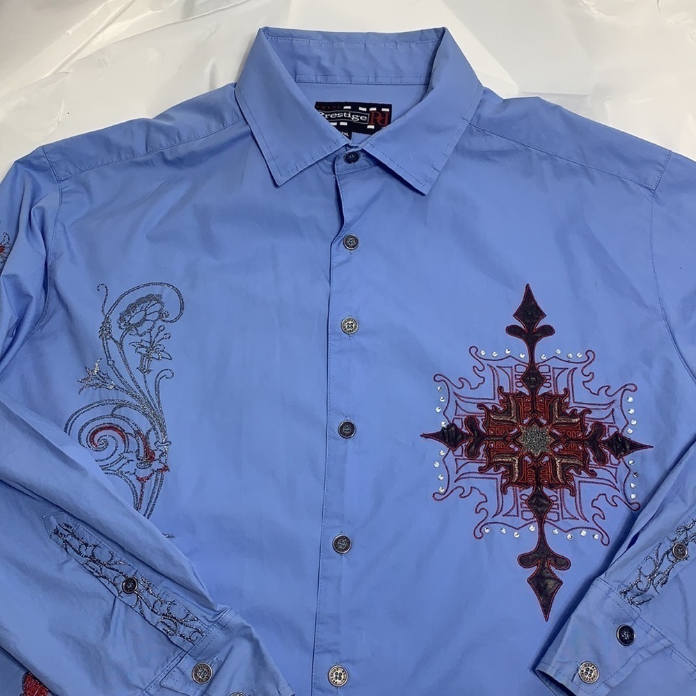 MEN’S Royal Prestige Light Blue logo Button Down Long Sleeve Shirt Size 2XL